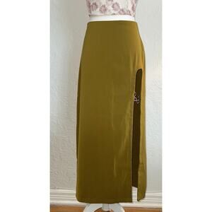 Nasty Gal Green Midi Skirt Chain Detail Side Slit High Waist Sz 4 Edgy Statement
